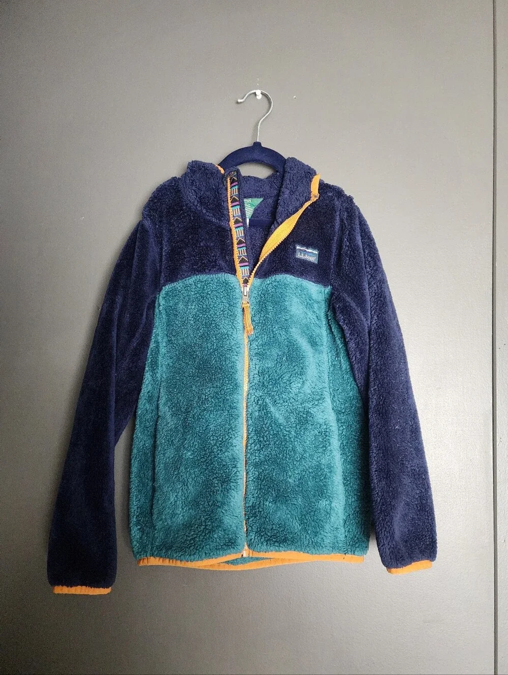 L.L. Bean Kids Hi-Pile color patchwork soft fluffy Fleece Hooded zip up Jacket